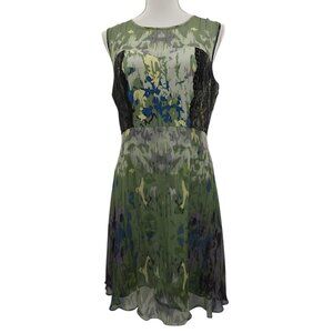 Vessel by Timo  Flowy 100% Silk Green Abstract Print Lace Inset Dress Size 12